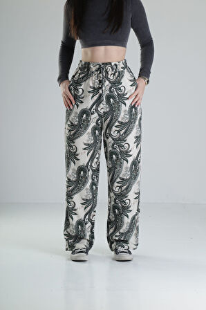 Yeşil Yaprak Desenli Baggy Pantolon