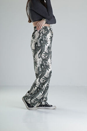 Yeşil Yaprak Desenli Baggy Pantolon
