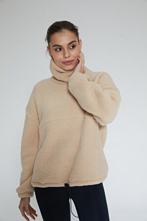 Bej Kadın Boğazlı Sherpa Peluş Sweatshirt - Rope