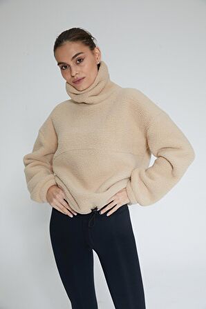 Bej Kadın Boğazlı Sherpa Peluş Sweatshirt - Rope