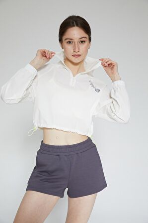 Beyaz Kadın Dik Yaka Crop Sweatshirt - Regla