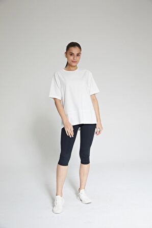 Beyaz Kadın Pamuklu Yırtmaçlı Oversize  T-shirt - Nors