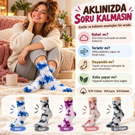 Unisex Batik Desenli Çorap 5'li Set Pamuklu Renkli Uzun Soket Dikişsiz Nefes Alan Günlük Spor Çorabı