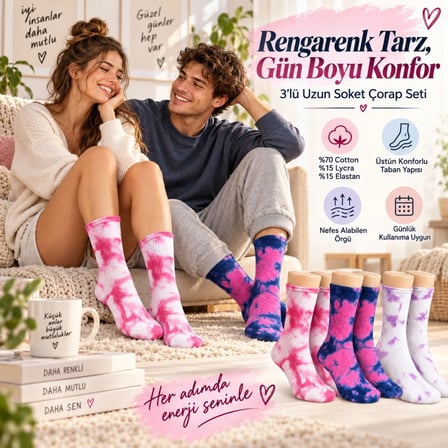 Unisex Batik Desenli Çorap 3'lü Set Pamuklu Renkli Uzun Soket Dikişsiz Nefes Alan Günlük Spor Çorabı