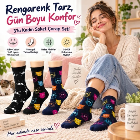Unisex Kedi Desenli Çorap 6'lı Set Pamuklu Renkli Uzun Soket Dikişsiz Nefes Alan Rahat Günlük Çorap