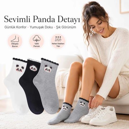 S'82 Kadın Panda Desenli Kısa Konç Çorap %80 Pamuklu Dikişsiz 36-40 Beden