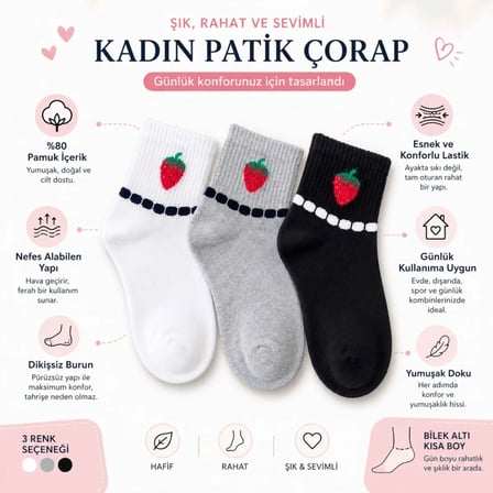 Kadın Çilek Desenli Kısa Konç Çorap 12’li Paket, %80 Pamuklu Dikişsiz Burun, Nefes Alan Yumuşak Bilek Çorabı, Siyah Beyaz Gri