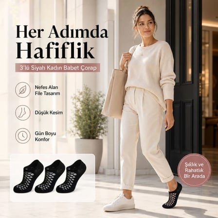 3’lü Kadın Siyah File Babet Çorap Düşük Kesim İnce Esnek Nefes Alan Görünmez Çorap Seti