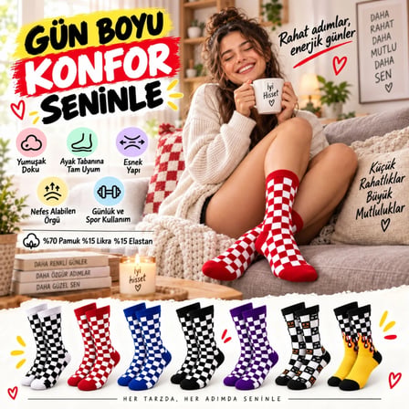 UNİSEX Çorap Dama Desenli Renkli 7'li Set Kareli Alev Desen Uzun Soket Günlük Spor Çorabı