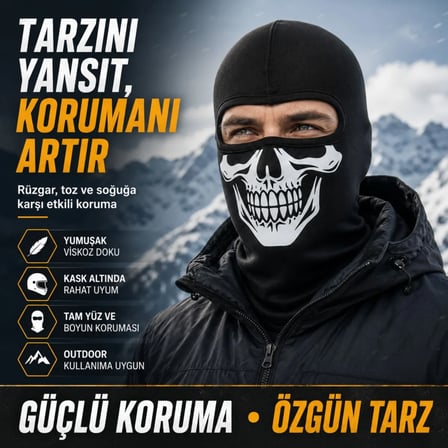 S'82 Motosiklet Maske Balaklava Siyah Kuru Kafa Baskılı Viskoz