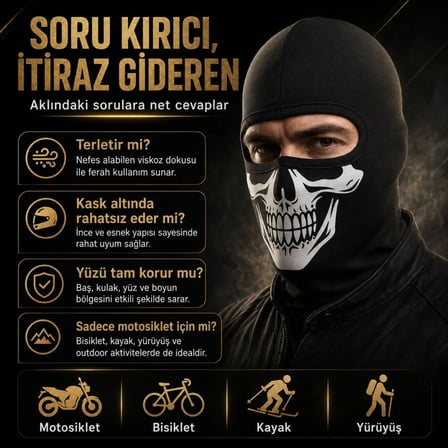 S'82 Motosiklet Maske Balaklava Siyah Kuru Kafa Baskılı Viskoz