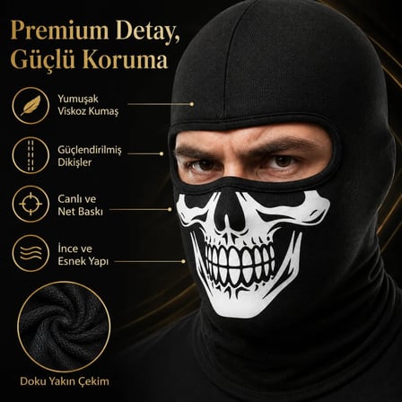 S'82 Motosiklet Maske Balaklava Siyah Kuru Kafa Baskılı Viskoz