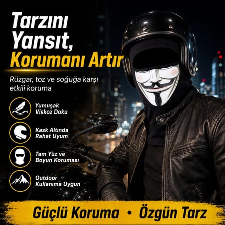 S'82 Anonymous Baskılı Motosiklet Maske Siyah Viskoz Kask İçi Balaklava