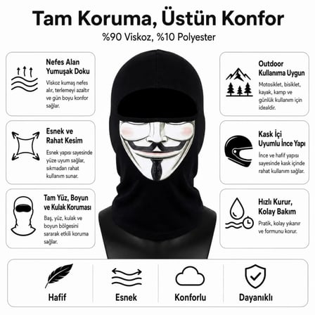 S'82 Anonymous Baskılı Motosiklet Maske Siyah Viskoz Kask İçi Balaklava