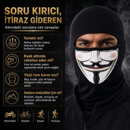 S'82 Anonymous Baskılı Motosiklet Maske Siyah Viskoz Kask İçi Balaklava