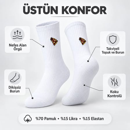 UNİSEX Çorap Beyaz Nakışlı 3'lü Set Pizza Hotdog Hamburger Desenli Uzun Soket Günlük Spor Çorap Seti