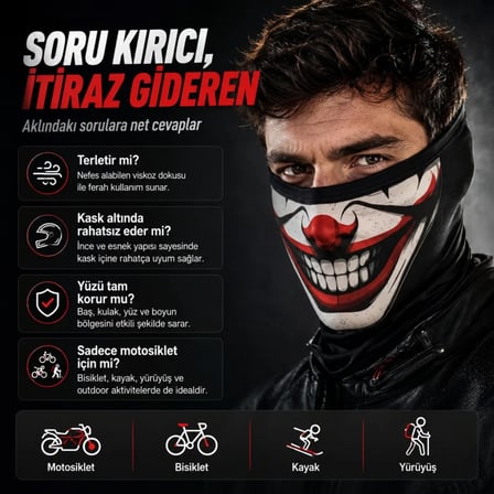S'82 Palyaço Baskılı Balaklava Maske Siyah Viskoz Kask İçi Outdoor Motosiklet Maskesi