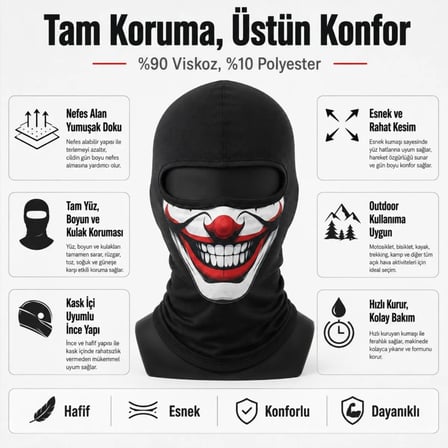 S'82 Palyaço Baskılı Balaklava Maske Siyah Viskoz Kask İçi Outdoor Motosiklet Maskesi
