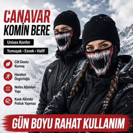 S'82 Motosiklet Maske Balaklava Siyah Viskoz Kask İçi Unisex Canavar Diş Baskılı