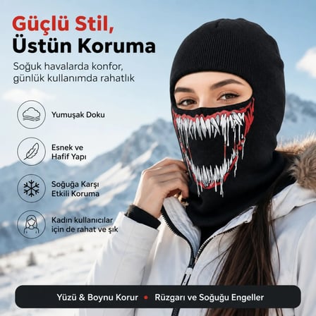 S'82 Motosiklet Maske Balaklava Siyah Viskoz Kask İçi Unisex Canavar Diş Baskılı