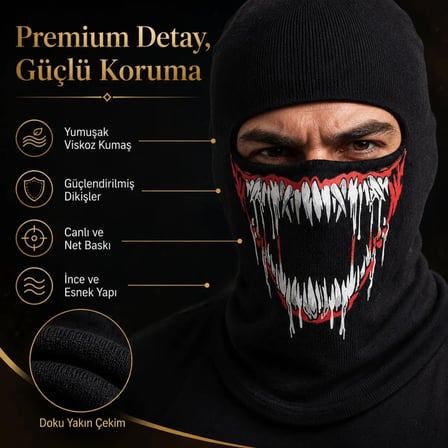 S'82 Motosiklet Maske Balaklava Siyah Viskoz Kask İçi Unisex Canavar Diş Baskılı