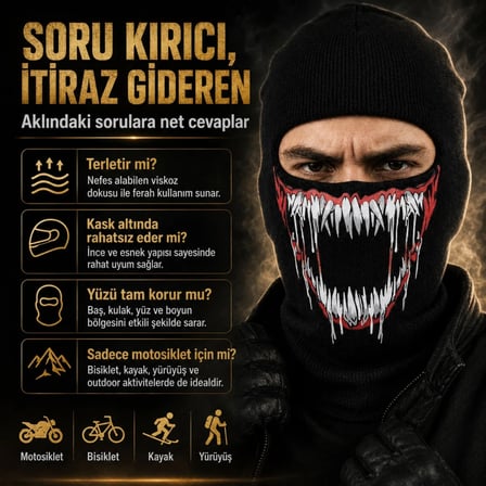 S'82 Motosiklet Maske Balaklava Siyah Viskoz Kask İçi Unisex Canavar Diş Baskılı
