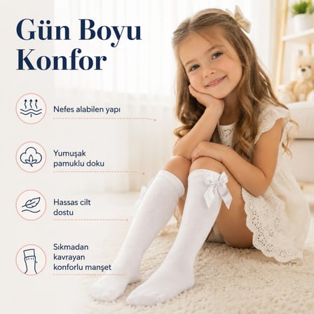 S'82 Kız Çocuk Beyaz Diz Altı Çorap, 5-6 Yaş, Pamuklu, Kurdeleli