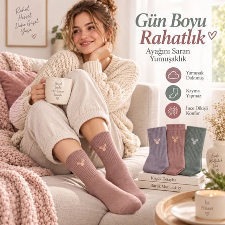 Kadın Geyik Nakışlı Fitilli Soket Çorap 3’lü – Yumuşak Dokulu Pastel Renk Günlük Çorap Seti