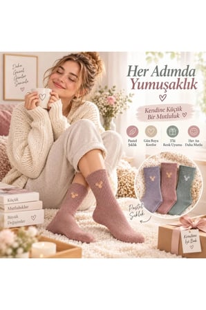 Kadın Geyik Nakışlı Fitilli Soket Çorap 3’lü – Yumuşak Dokulu Pastel Renk Günlük Çorap Seti