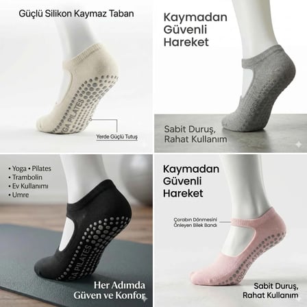 S'82 Kaymaz Taban Yoga ve Pilates Çorabı 4'lü Kadın Silikon Tabanlı Nefes Alabilir Bilek Bantlı Çok Renkli Standart Beden