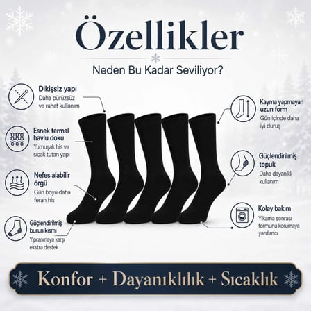 Erkek Siyah 12’li Kışlık Uzun Termal Havlu Çorap | Dikişsiz, Esnek, Sıcak Tutan, Güçlendirilmiş Topuk ve Burun