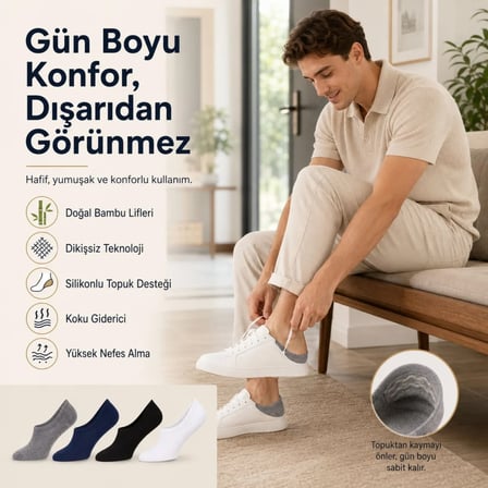 Erkek Bambu 8’li Babet Çorap Görünmez No Show Dikişsiz Silikon Topuklu