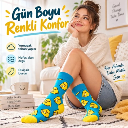 Renkli Civciv Desenli Unisex Çorap 3'lü Set | Yumuşak, Esnek, Konforlu ve Günlük Kullanıma Uygun