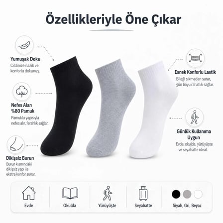 Erkek Kısa Konç Çorap 6’lı Paket, %80 Pamuklu, Dikişsiz Burun, Nefes Alan Yumuşak Bilek Çorabı, Siyah Gri Beyaz