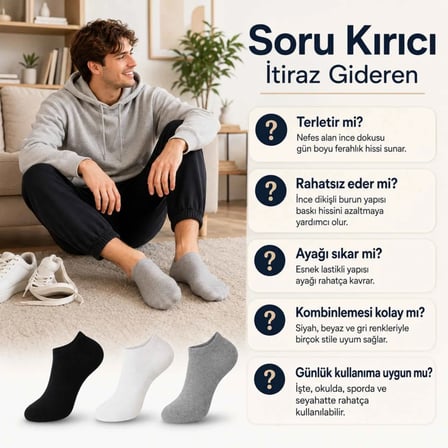 Unisex Kısa Konç 12’li Patik Çorap, %85 Pamuklu Geri Dönüştürülmüş İplik, Parfümlü İnce Dikişli, Günlük Spor Çorabı