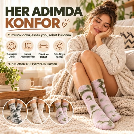 Unisex Batik Desenli Çorap 3'lü Set Pamuklu Uzun Soket Dikişsiz Nefes Alan Günlük Spor Konfor Çorabı