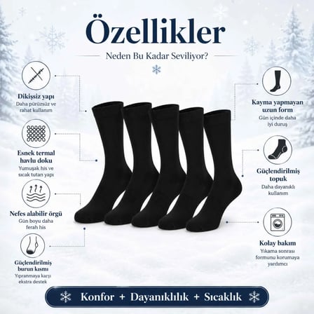 Kadın Siyah 6’lı Kışlık Termal Uzun Çorap | Dikişsiz, Esnek Havlu Dokulu, Sıcak Tutan, Güçlendirilmiş Topuk ve Burun