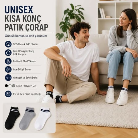 Unisex Çizgili Kısa Konç Patik Çorap 6 Çift, %85 Pamuklu Geri Dönüştürülmüş İplik, Parfümlü İnce Dikişli, Siyah Beyaz Gri Günlük Spor Çorabı