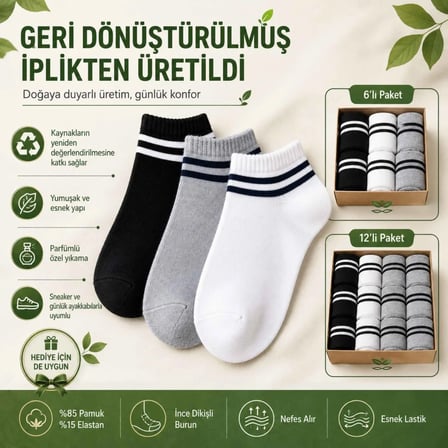 Unisex Çizgili Kısa Konç Patik Çorap 6 Çift, %85 Pamuklu Geri Dönüştürülmüş İplik, Parfümlü İnce Dikişli, Siyah Beyaz Gri Günlük Spor Çorabı