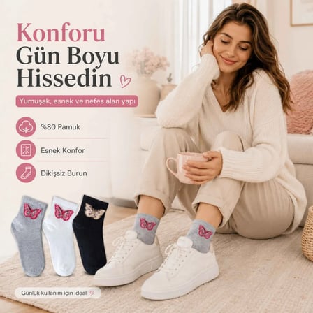Kadın Kelebek Desenli Kısa Konç Çorap 3’lü Paket, %80 Pamuklu Dikişsiz Burun, Nefes Alan Yumuşak Bilek Çorabı, Siyah Beyaz Gri
