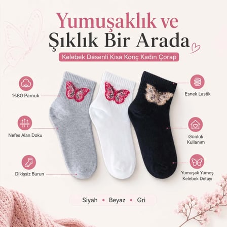 Kadın Kelebek Desenli Kısa Konç Çorap 6’lı Paket, %80 Pamuklu Dikişsiz Burun, Nefes Alan Yumuşak Bilek Çorabı, Siyah Beyaz Gri