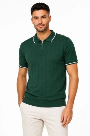 Erkek Fitilli Triko T-shirt Polo Yaka Yarım Fermuarlı Kısa Kollu Tişört - Yeşil -MİRAYLİFE
