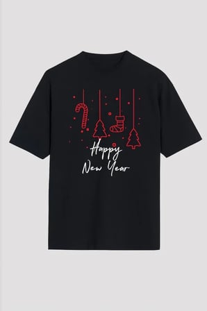 Yılbaşı Happy New Year Baskılı Kısa Kollu Oversize Bisiklet Yaka T-shirt - Siyah -MİRAYLİFE
