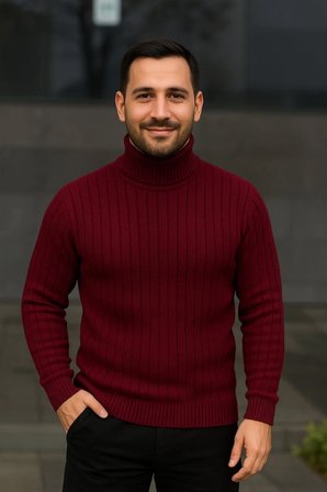 Erkek Balıkcı Yaka Bağazlı Triko Kazak Pamuklu Kalın Fitilli Dokuma, Regular Fit Uzun Kollu Kışlık Model - Bordo -MİRAYLİFE