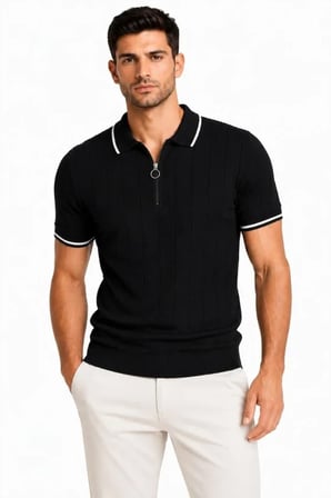 Erkek Fitilli Triko T-shirt Polo Yaka Yarım Fermuarlı Kısa Kollu Tişört - Siyah -MİRAYLİFE