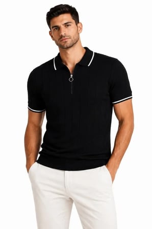 Erkek Fitilli Triko T-shirt Polo Yaka Yarım Fermuarlı Kısa Kollu Tişört - Siyah -MİRAYLİFE