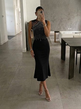 Kadın Kolsuz Omuzlardan Taş şerit Detaylı Midi Janjan Krep Elbise -MİRAYLİFE