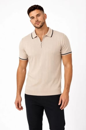 Erkek Fitilli Triko T-shirt Polo Yaka Yarım Fermuarlı Kısa Kollu Tişört - Bej -MİRAYLİFE