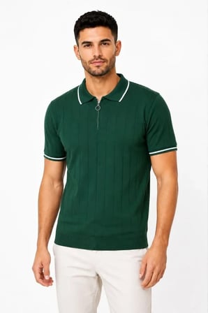 Erkek Fitilli Triko T-shirt Polo Yaka Yarım Fermuarlı Kısa Kollu Tişört - Yeşil -MİRAYLİFE