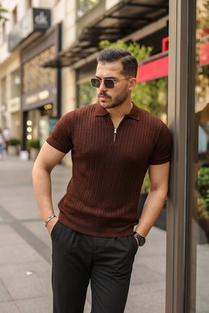 Erkek Örgü Desen Fermuar Yakalı Triko Tişört -MİRAYLİFE